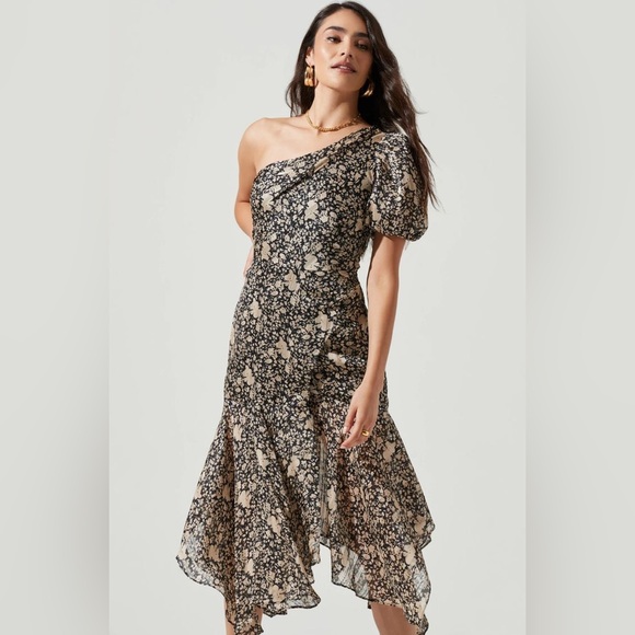 SANTORINI FLORAL ONE SHOULDER MIDI DRESS - Picture 1 of 4